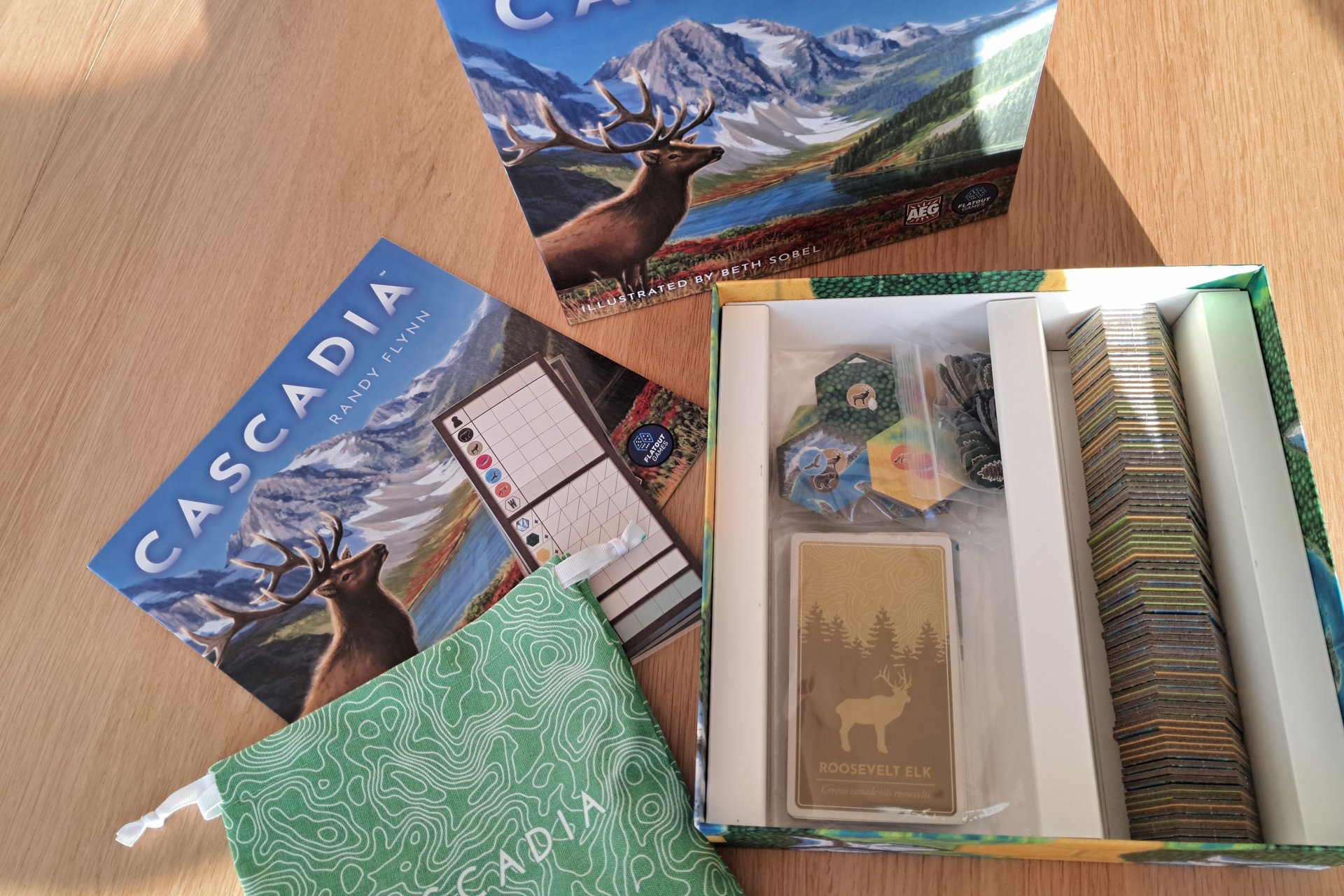 Cascadia board game box interior with habitat tiles, animal tokens, and scoring cards