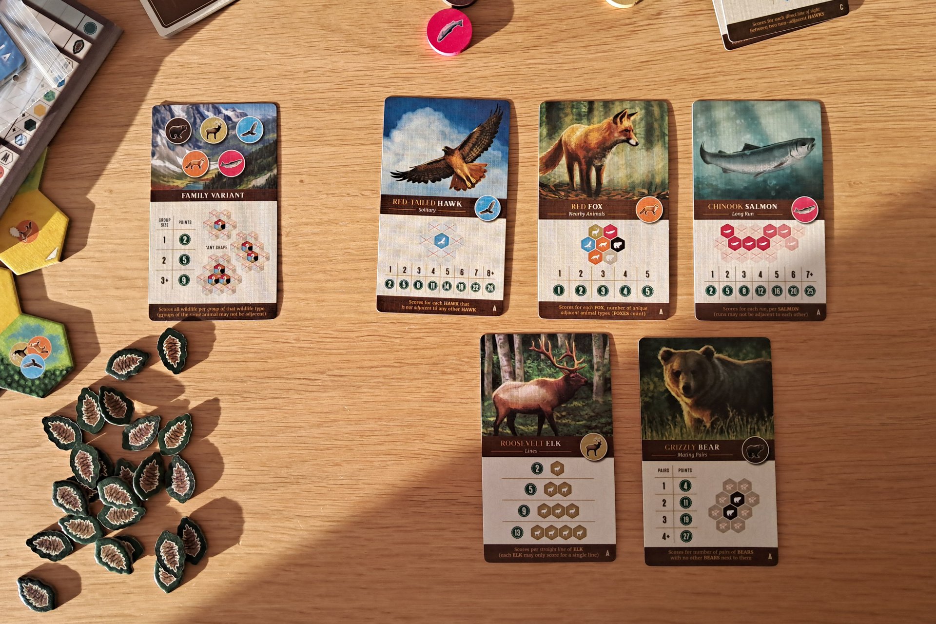 The A level scoring cards laid on the table next to the natural tokens