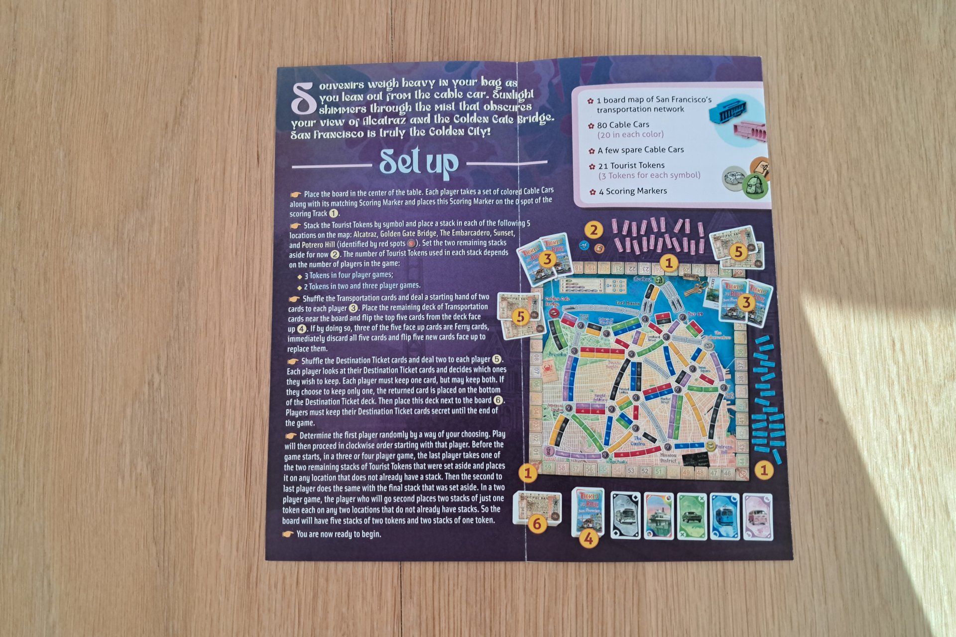 Ticket to Ride San Francisco rulebook opened showing setup instructions.