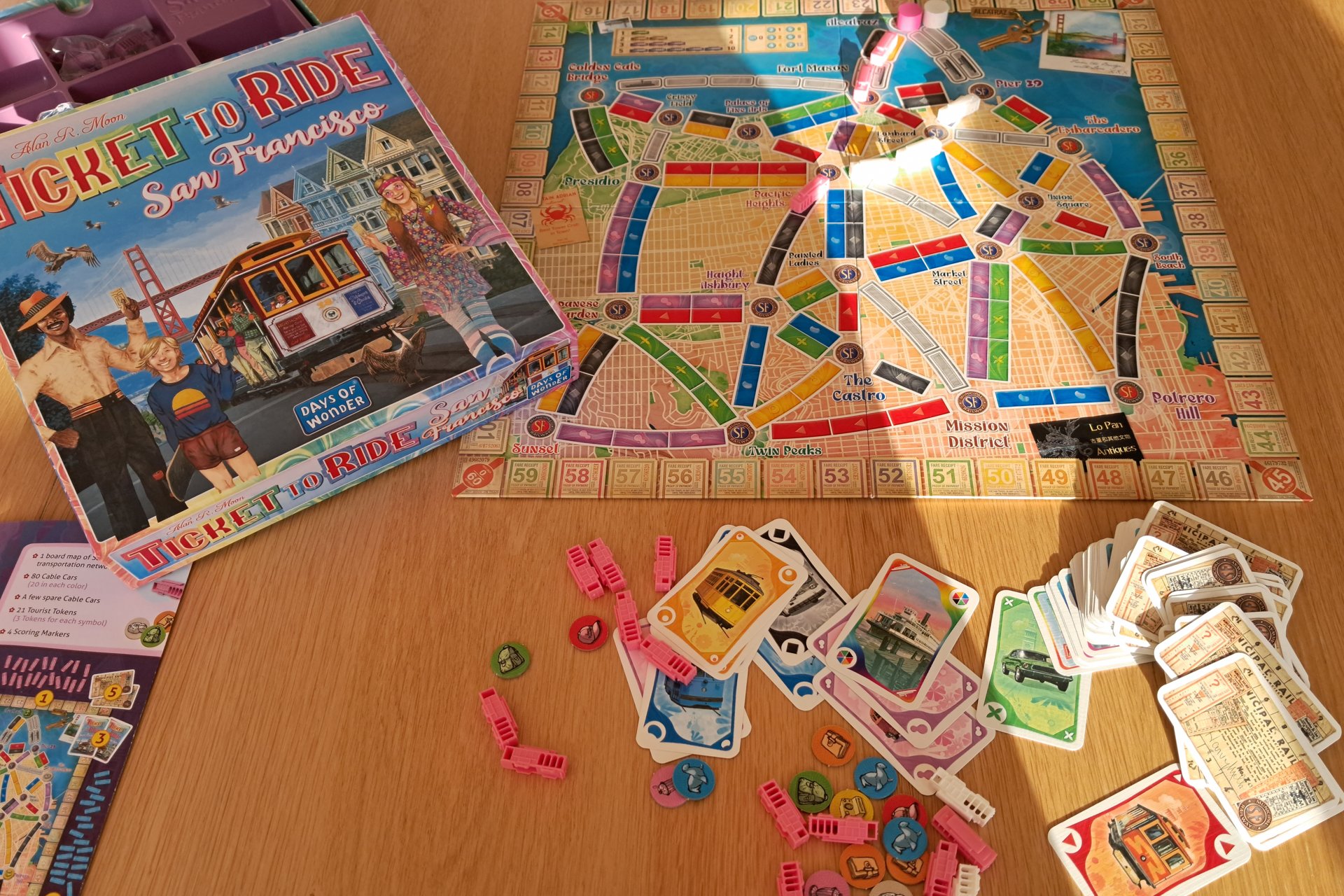 Ticket to Ride San Francisco showing the board, destination cards, transport cards, and tram pieces on the table.