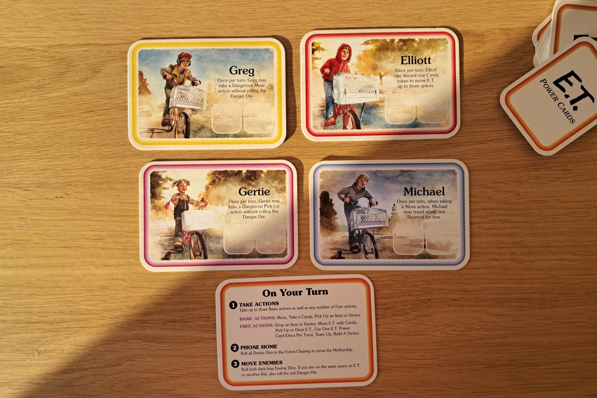 Photo of the E.T. The Extra Terrestrial Light Years From Home game cards. The image shows the four Kids cards laid out, along with a separate card displaying the On Your Turn instructions.