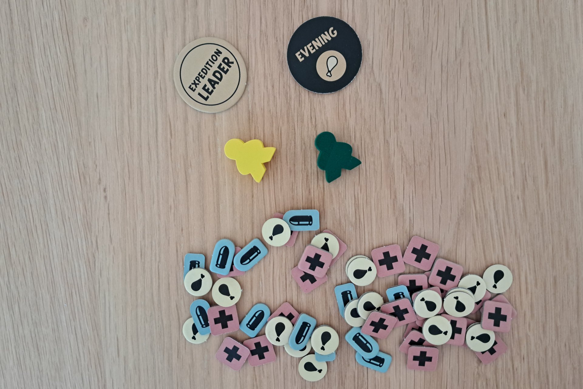Health, food and ammunition tokens, two pawns, morning and evening Token, Expedition Leader token.