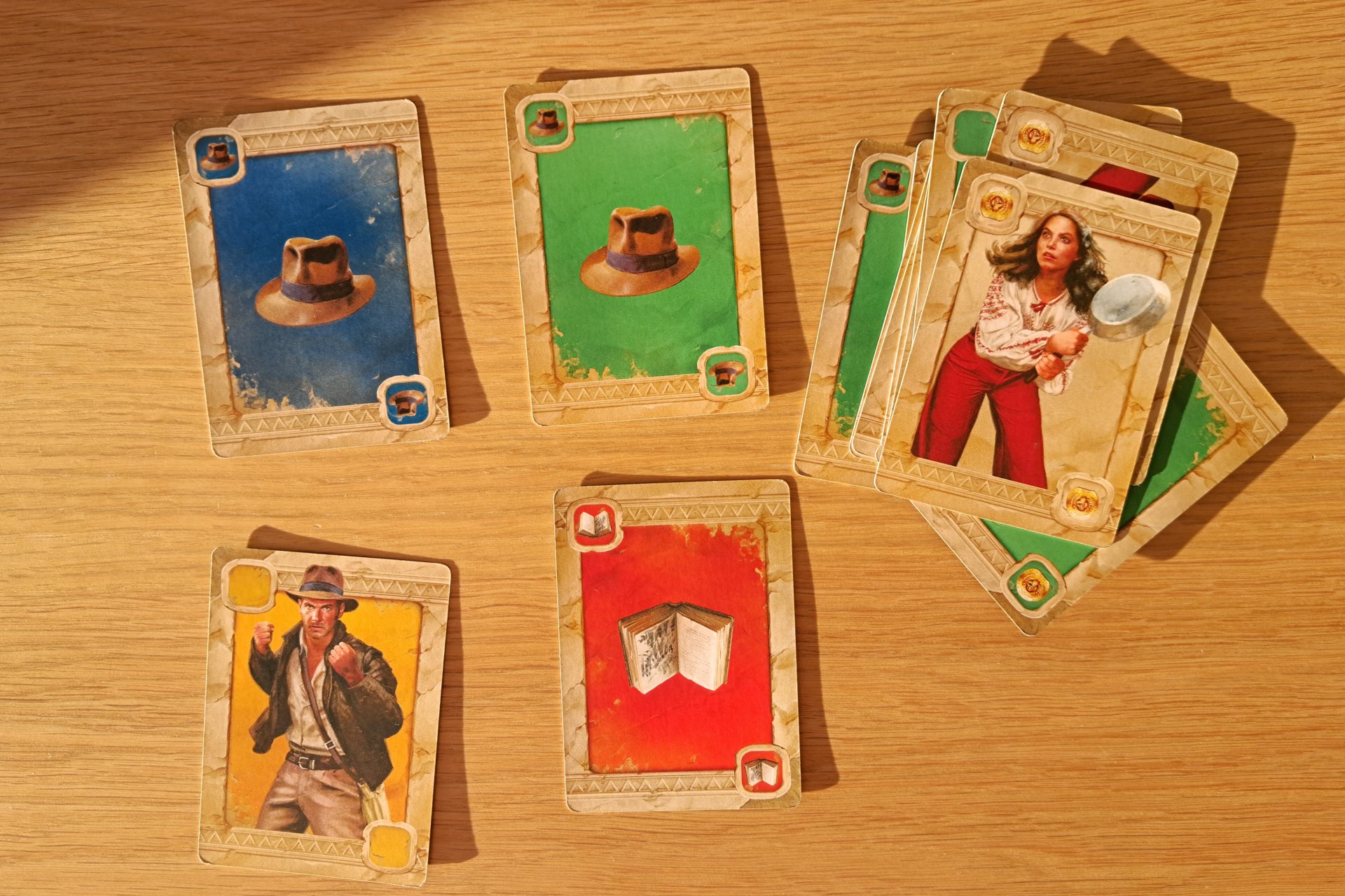 Five action cards from the Indiana Jones Sands of Adventure board game.