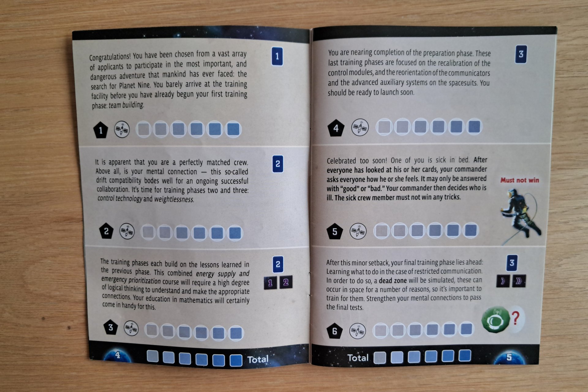 The Crew The Quest for Planet Nine rulebook open, showing the first six missions.
